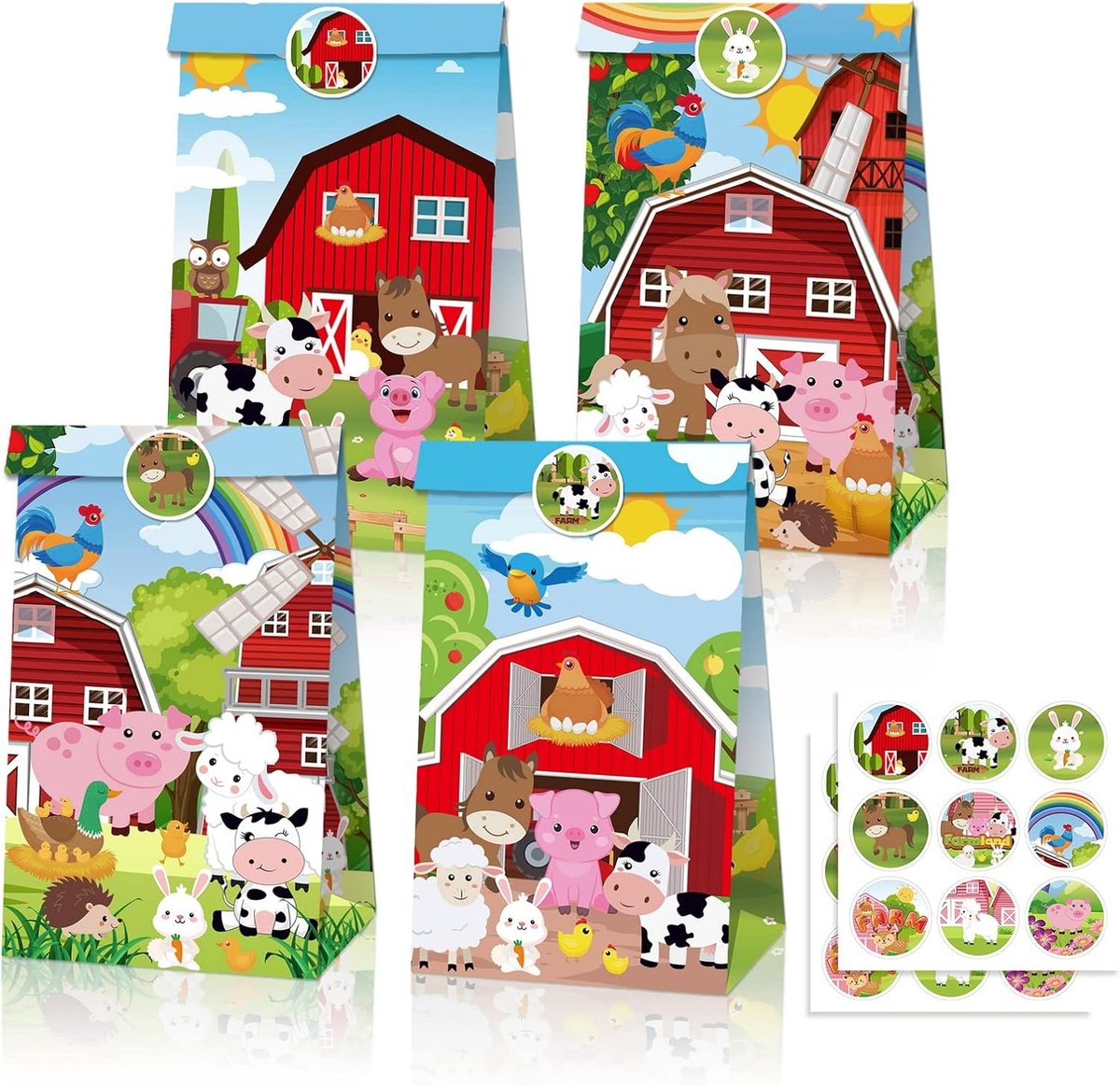 12 Pack Farm Barnyard Thema Feestzakjes, Snoepzakjes met Dierenprint, Papieren Zakken voor Boerderijdieren, Cadeauzakjes voor verjaardagsfeestjes, kraftpapier-cadeauzakjes met stickers