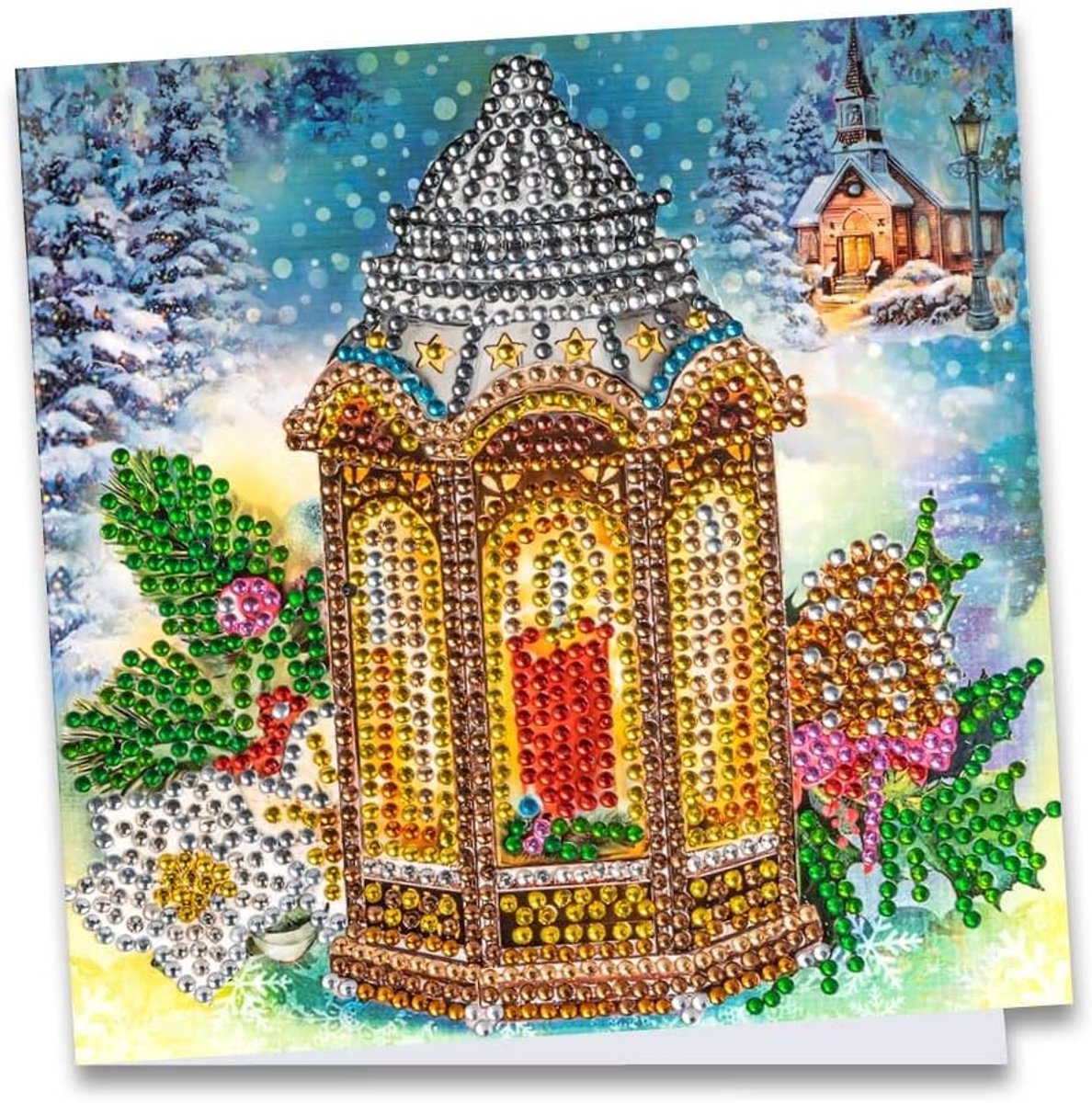 Mit Herz, Diamond Painting-wenskaart, strass-editie, 16 x 16 cm, 370 g/m², inclusief steentjes, envelop & gereedschap (lantaarn)
