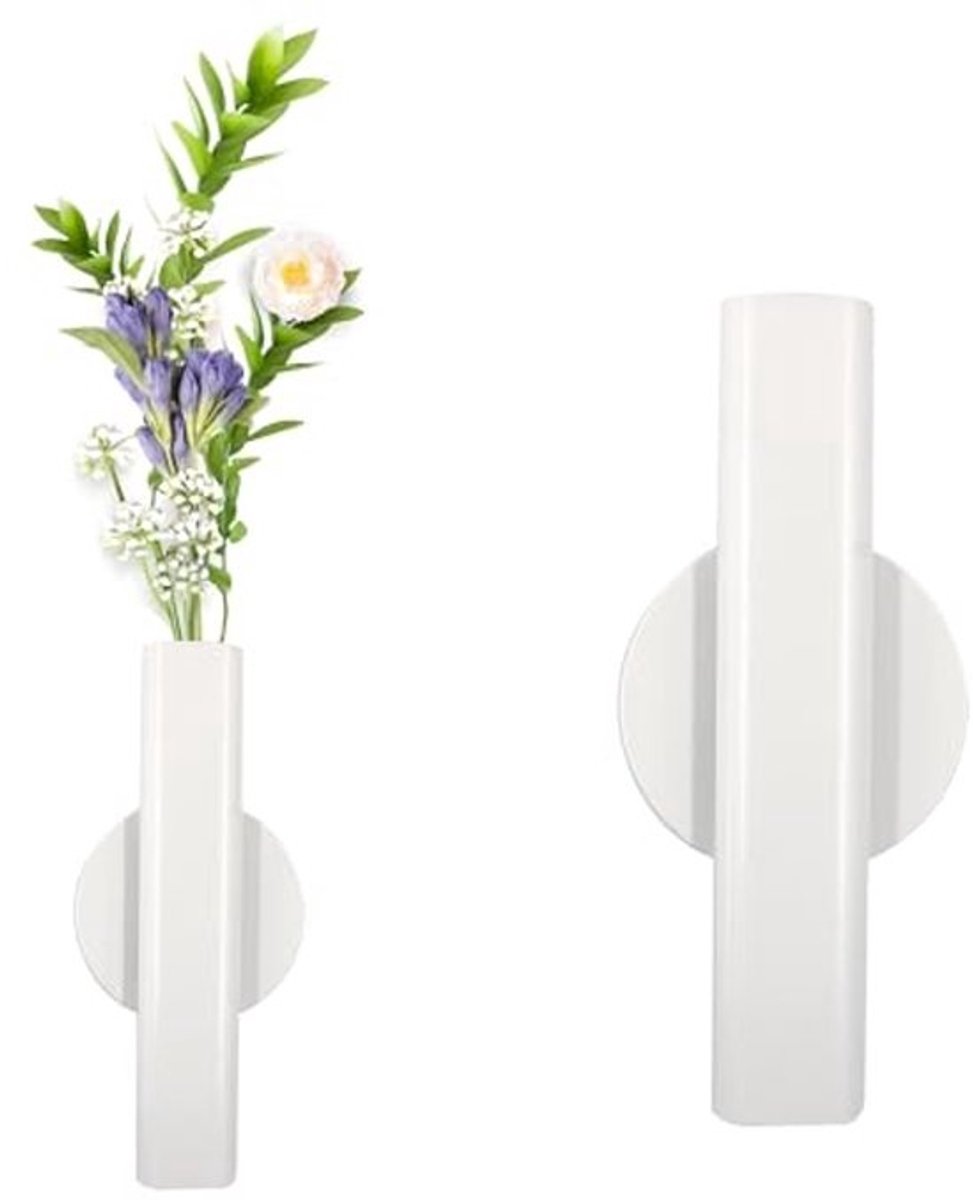 Wandbloemenbuis 16cm - Wandmontage, Zelfklevende Bloemenvase - Decoratieve Houder voor Bloemenaankleding - Set van 2 (Wit)