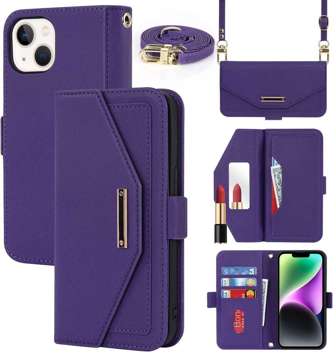 Crossbody Hoesje met koord Compatibel met iPhone 14,Portemonnee Hoesje Lederen Telefoonhoesje,[5 Slots][spiegels][Magnetische],Sleutelkoord Cover Case - Violet