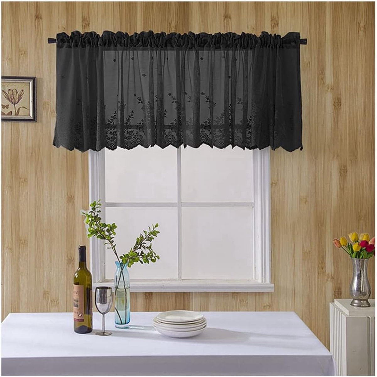 Gordijnen 130 x 41 cm vintage koffiegordijn kant borduurwerk kort gordijn semi-transparante gordijnen voile kort gordijn bistrogordijn vitrage voor keuken slaapkamer zwart