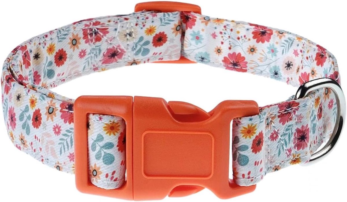 Hondenhalsband met verstelbaar zacht en comfortabel klein bloemenpatroon, geschikt voor kleine en middelgrote honden en katten (Orange Flower-s)