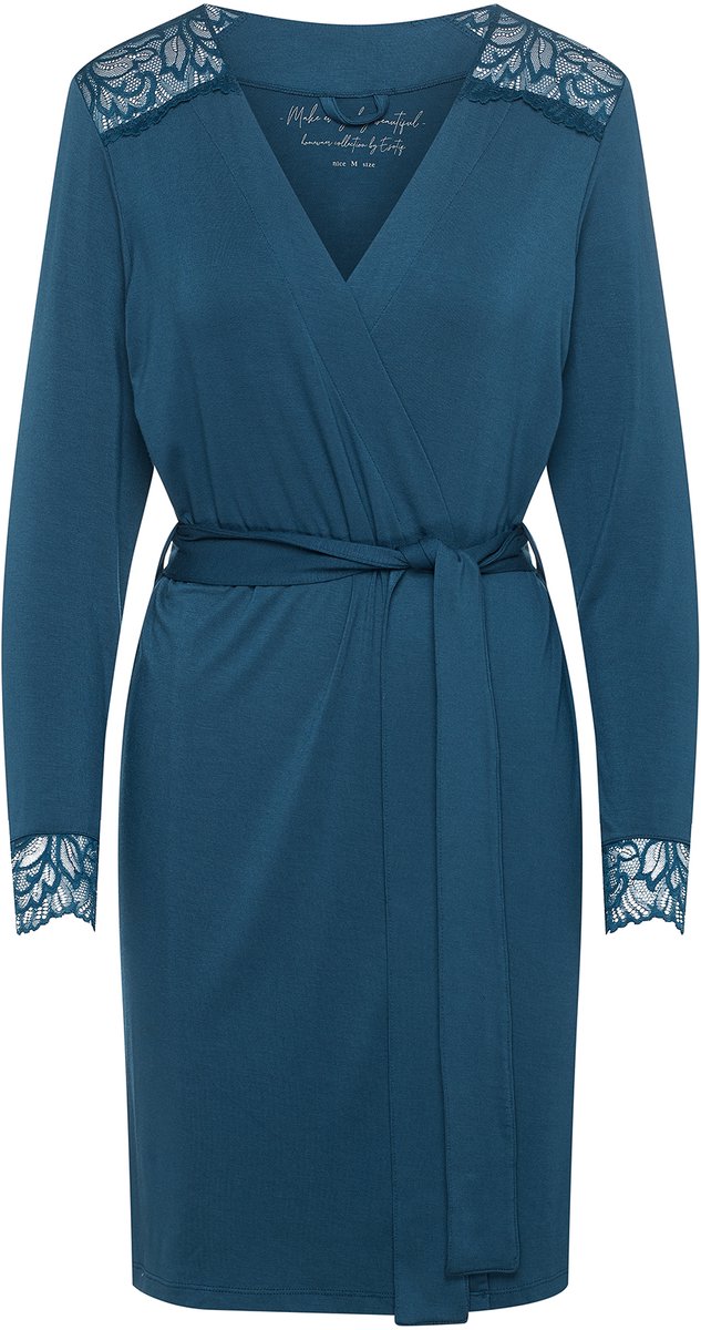 ESOTIQ Nox - Damesbadjas - Donkerturquoise - Plantenmotief - Kanten details