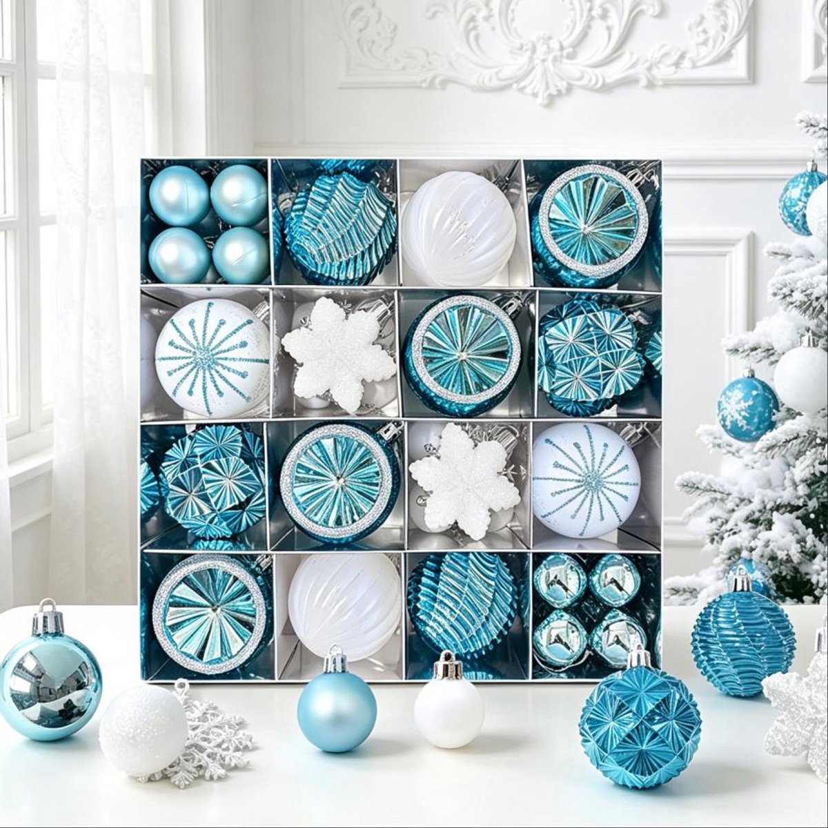 Kerstballenset – Geschilderde plastic kerstballen – Kerstboomversiering in kraftpapieren doos – 40 ballen per set – Blauw en wit