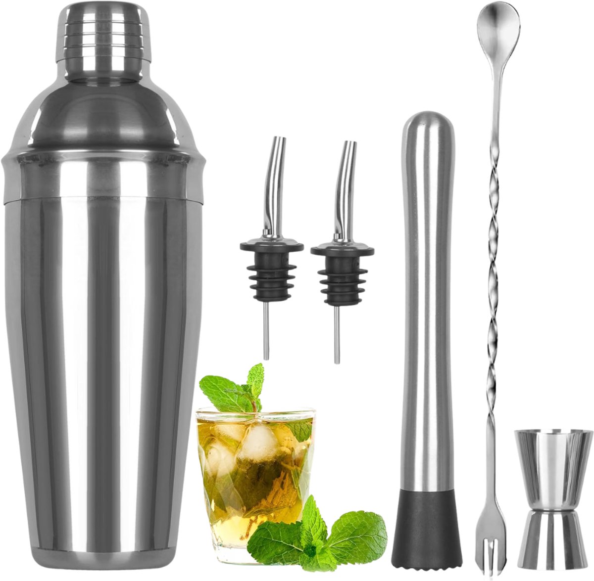 Verte - Cocktail Shaker Set - Set Van 6 Roestvrijstalen Cocktailmixsets - Cocktailshaker Van Glas (750 Ml) - Gin-Cocktailshaker-Set - Cocktailaccessoires Voor Barmannen - Cocktailglazen En Barmanset - Barmannen