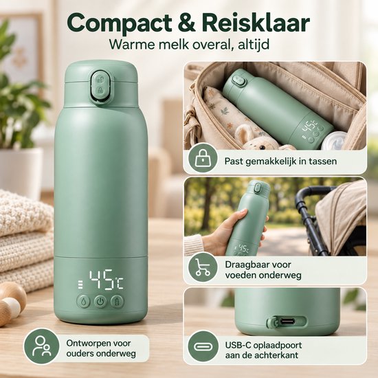 Nexeli NX-MW-03 Draagbare Flessenwarmer – 500ml – 100W – 10.400 mAh – 45W Snelladen – Draadloos – Melkverwarmer voor Baby – Gradient Green — afbeelding 2