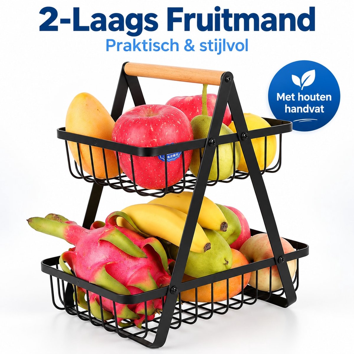 YYchan Fruitmand 2 Laags - Fruitschaal Zwart Metaal/RVS - Aardappelbak & Groentemand - Keuken Organizer Opbergrek met Houten Handvat - Ruimtebesparende Fruit Etagere voor Fruit, Groente, Brood & Snacks - Groot