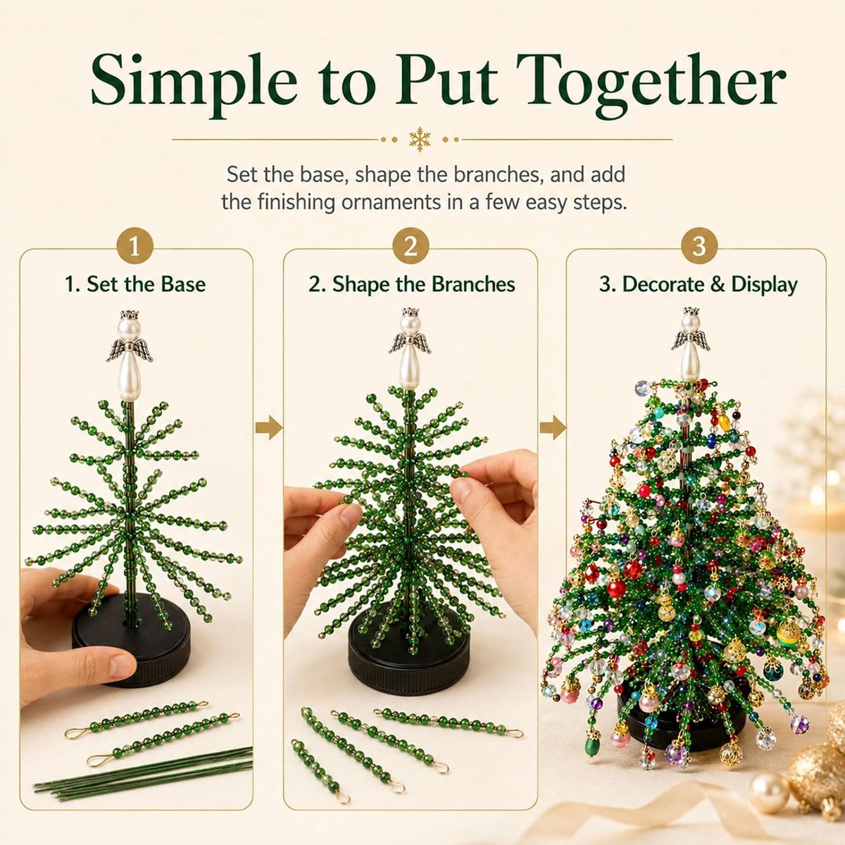 kerstboom decoratieset - Met lampjes - Glas materiaal - Handgemaakte DIY kralen kerstboom - Feestornament - Geschikt voor creatieve kerstversiering en interieurdecoratie binnenshuis – foto 5