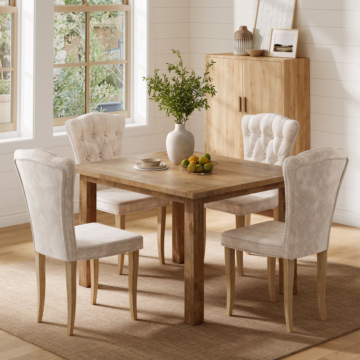 ROSAHQNDA Eetkamerstoelen set van 4 - Beige eetkamerstoel met fluwelen bekleding - Stoffen keukenstoel met massief houten poten - Moderne stoel voor eetkamer en woonkamer
