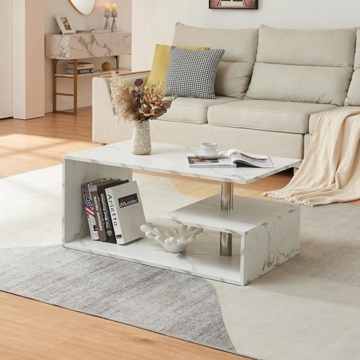 Rechthoekige salontafel van MDF met marmerlook en opbergruimte 90x50x41 cm