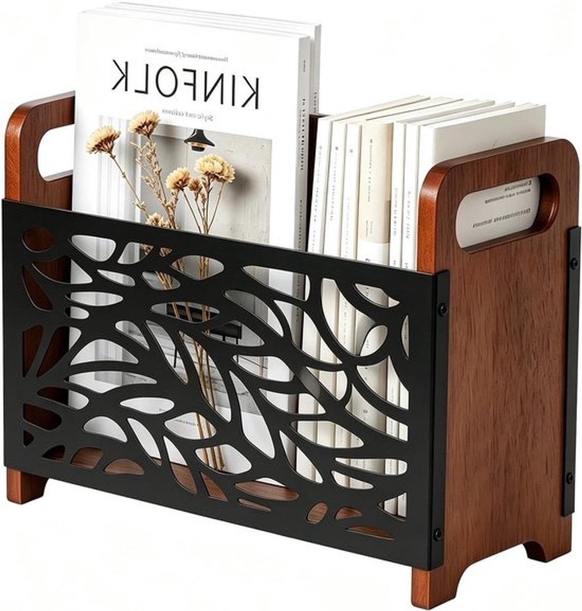 Houten krantenstandaard en tijdschriftenhouder met handvat, multifunctionele opbergmand voor kantoor en thuis, 33 x 24 x 13 cm (zwart)