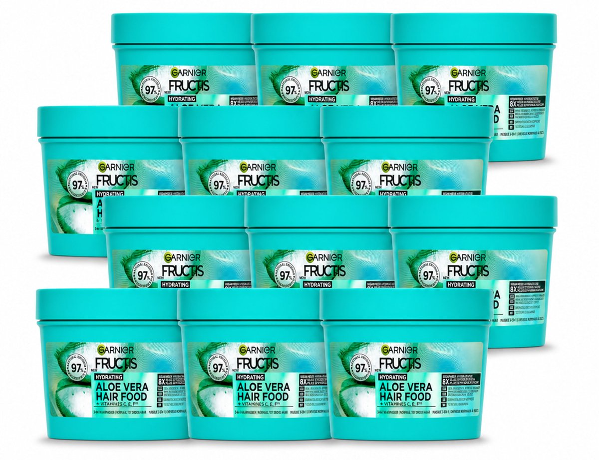 12 x Garnier - Fructis Hair Food Aloe Vera - 3-in-1 Haarmasker - Normaal tot Droog Haar - 400 ml - Voordeelverpakking - 12 stuks