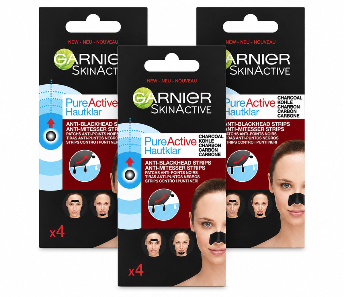 3 x Garnier - Pure Active - Anti-Mee-Eters Strips - Charcoal - Neus, Voorhoofd & Kin - 4 Strips - Bulkverpakking - 3 stuks