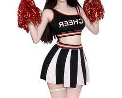Dames Cheerleader Kostuum, Sportieve Pom-Pom Girl Outfit met Korte Top en Rok, Aansluitende Voetbal- en Scheidsrechterstijl, One Size Maat 36-48, voor Cosplay, Themafeesten en Halloween