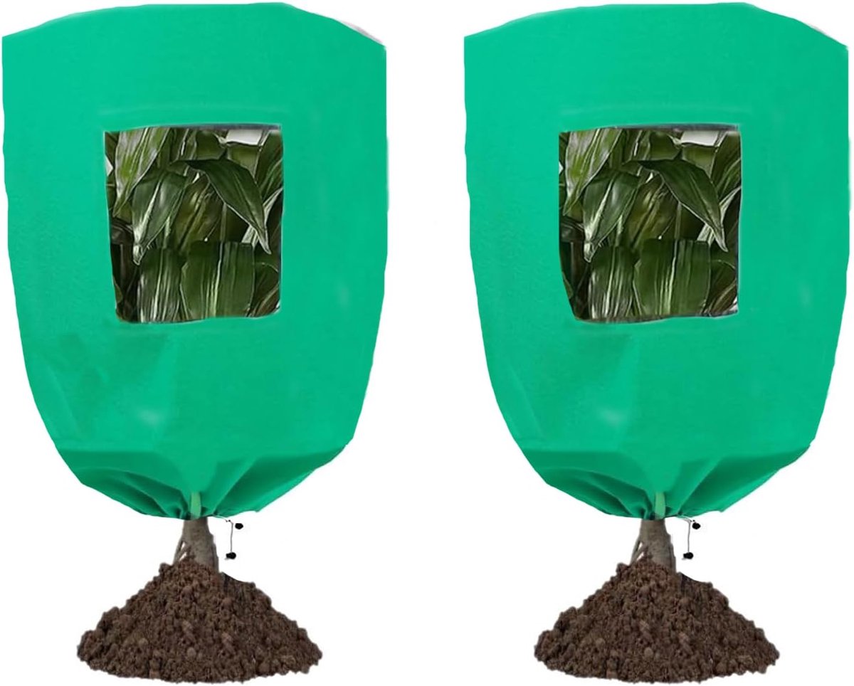 YAGXIG Set van 2 plantenbeschermers met kijkvenster - Herbruikbare boomhoezen met trekkoord - Winterboomdekens met ritssluiting - 120 cm x 180 cm
