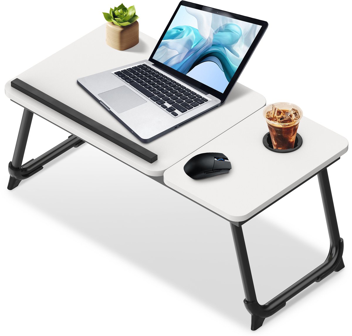 Arvioo‑Opvouwbare‑laptoptafel‑voor‑bed‑5‑verstelbare‑hoeken‑met‑bekerhouder‑wit