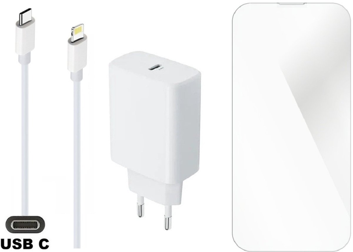 OneOne 20W snellader en screenprotector van glas voor iPhone 13 Pro Max en iPhone 14 Plus + 0,95m USB C naar Lightning kabel. PD lader. Universele oplader adapter. Glazen screenprotector past op Apple iPhone 13 Pro Max & iPhone 14 Plus