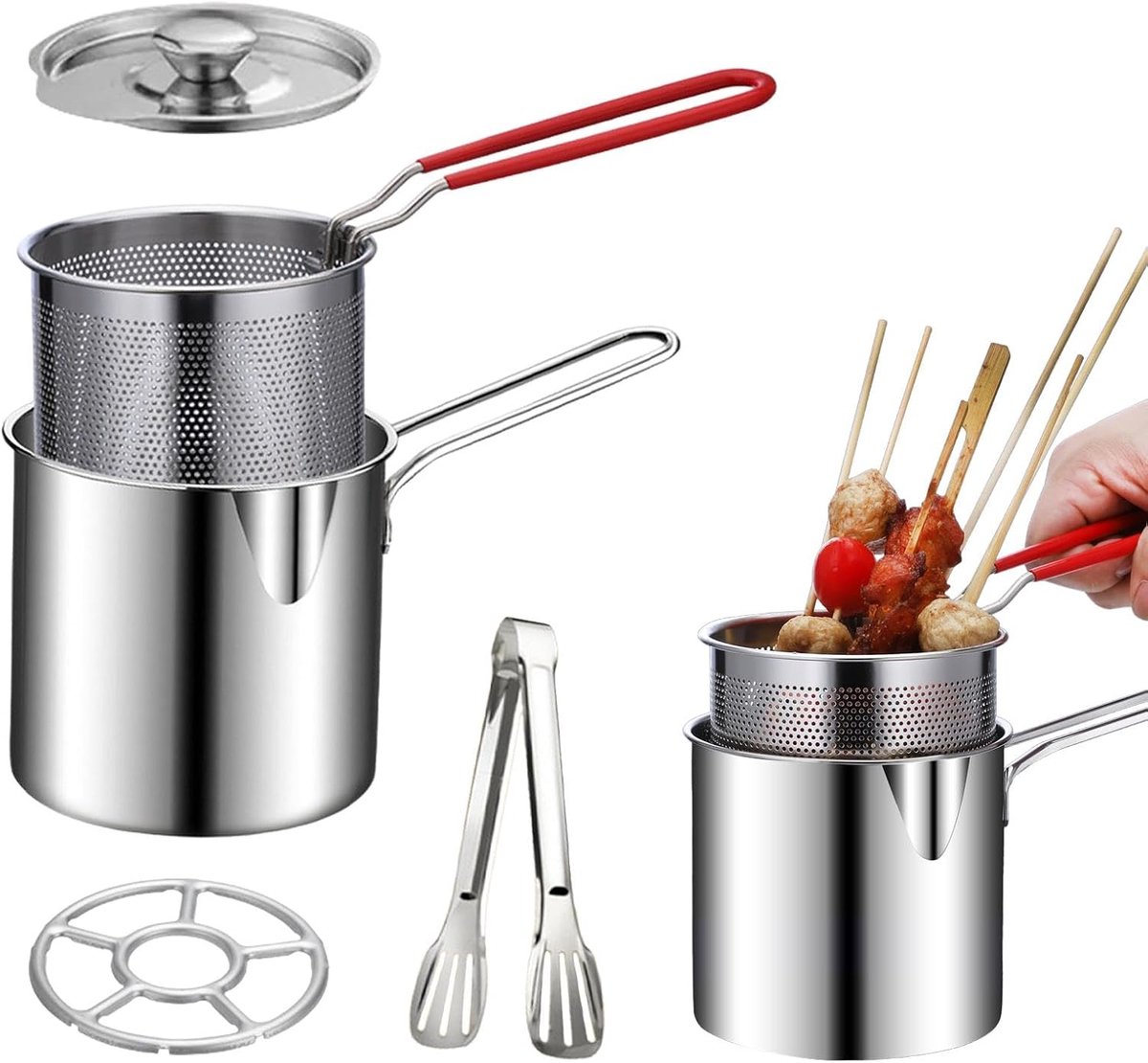 Frituurpan - Mini Friteuse - RVS Oliepan - Tempura Pan - Kookpan met Frituurmandje - Patat Pan - Inductie en Gas - Braadpan - Frituurpan met Deksel - Keuken Accessoires - Frituurset - Pannen - Olie Filter - Hapjespan - Zilver - 1 Stuks