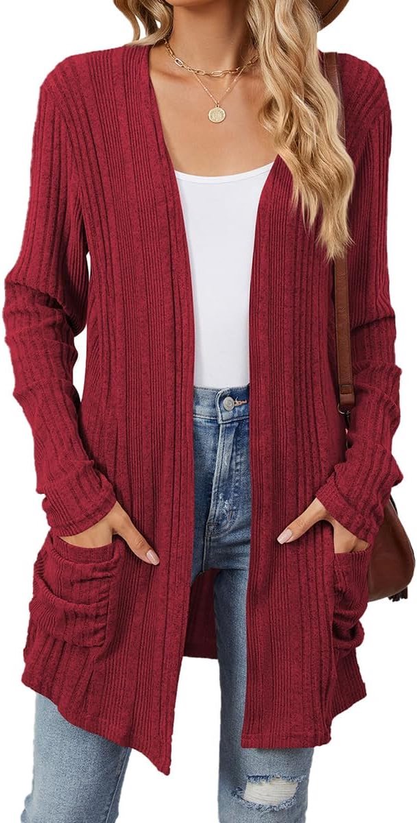 Damesvest, lang, casual, cardigan voor dames, licht shirt met lange mouwen voor herfst/winter 2024, effen kleuren, met zak, gebreide jas, lange mouwen, klassieke stijl (meerkleurig,