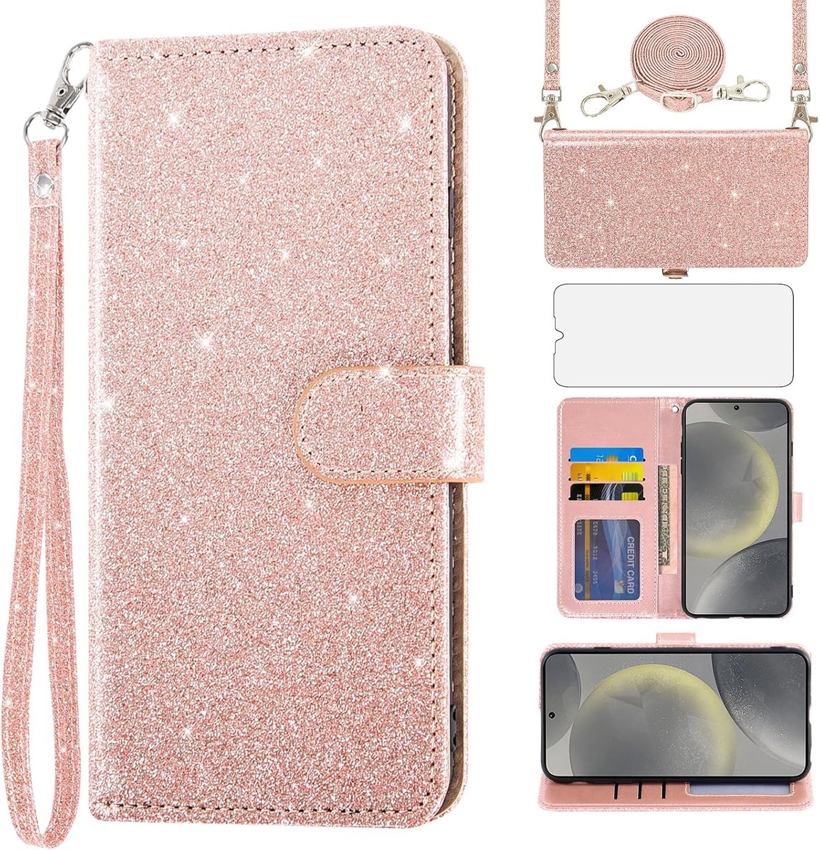 Hoes voor mobiele telefoon voor Samsung Galaxy S24 Plus S24+ 5G, hoes met band, folie, beschermfolie, kaartenvak, inklapbaar, glitter, lederen portemonnee, standaard, S24 + 24S, S 24+ 24+,