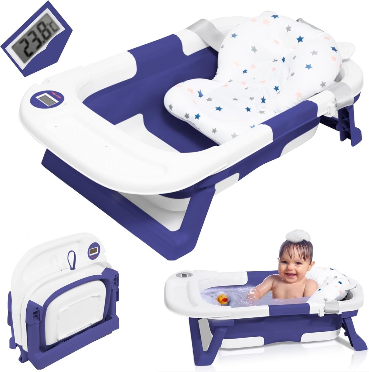 Babybad met digitale thermometer, badkussen, compact, draagbaar, met opbergvak (blauw)