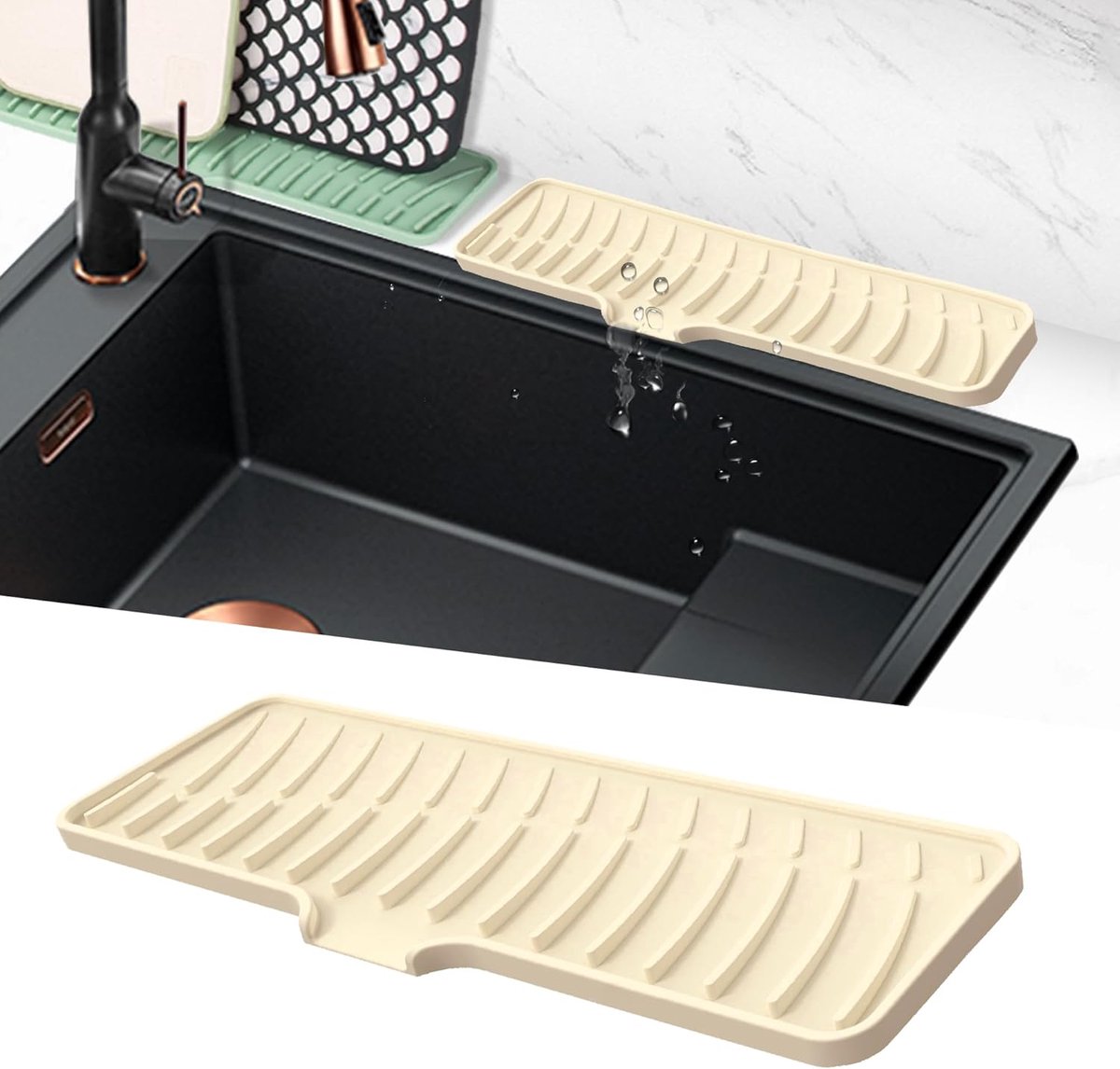 Mat voor Spoelbak, Smalle Spoelbak Splash Guard, Kraan Mat voor Waterafvoer, Keuken Kraan Handvat Druppelvanger, Antislip Afdruipmat voor de Rand van de Gootsteen (Geel, 42 cm)