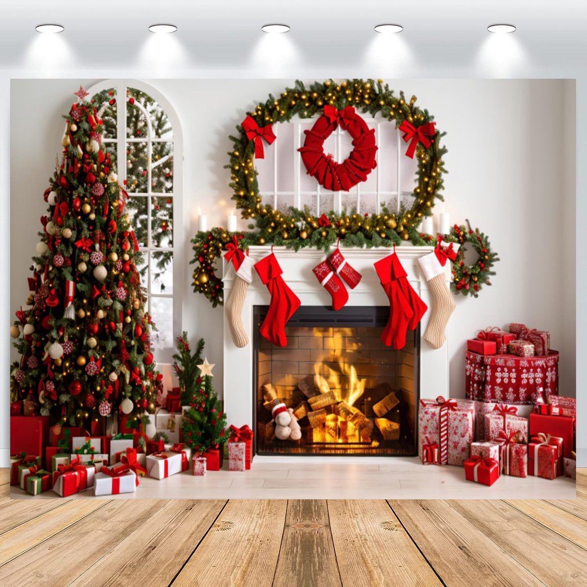 3 x 2,5 m, rode boomsokken geschenkdoos open haard kerstboom fotoachtergrond, vinyl familiefeest partij ornamenten fotografie achtergrond banner versieren