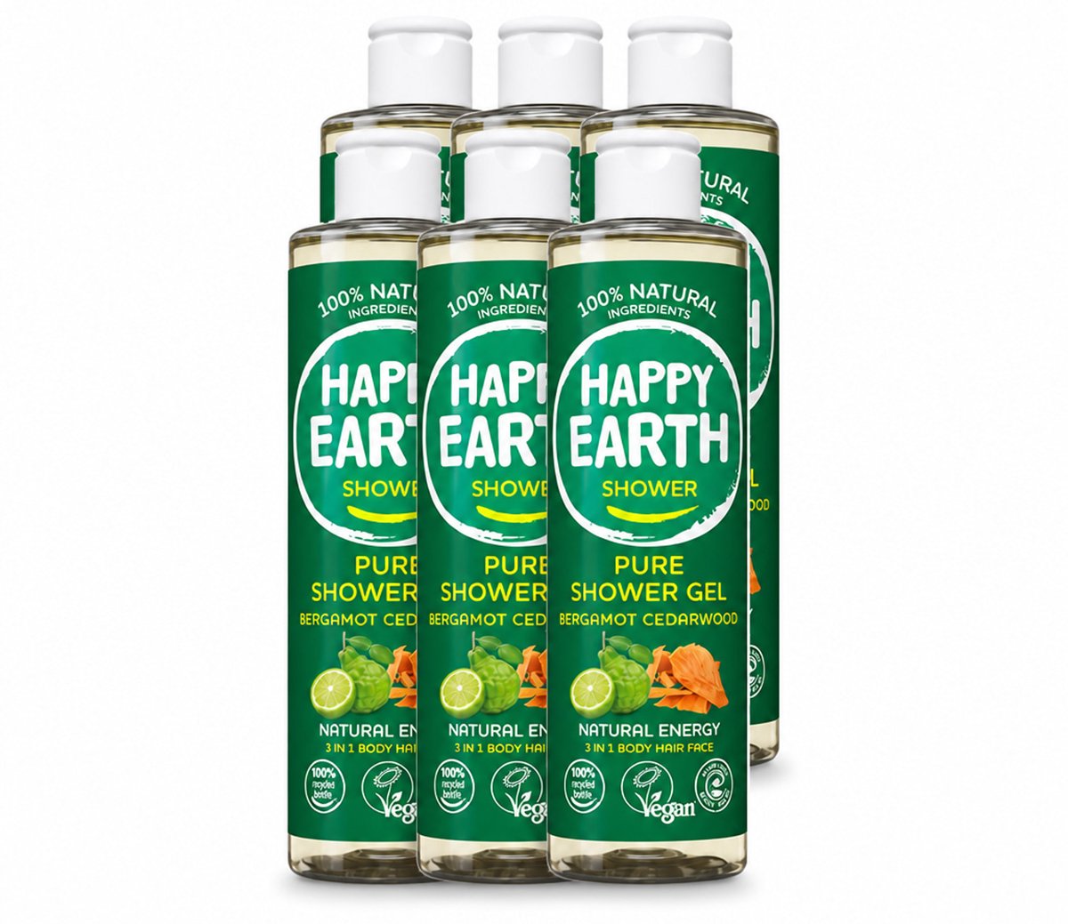 6 x Happy Earth – Douchegel – 100% Natuurlijk Bergamot Cedarwood – 300 ml - Voordeelverpakking - 6 stuks