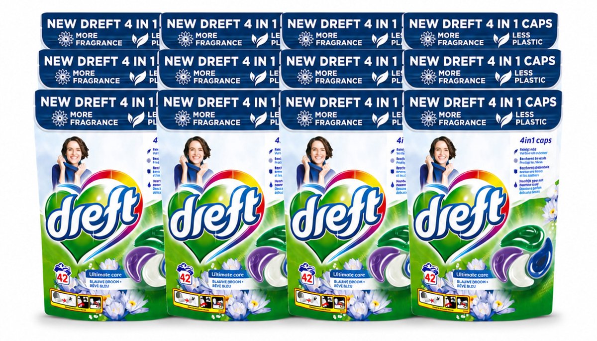 12 x Dreft - Wasmiddelcapsules - 4-in-1 Blue Dream - Krachtige waskracht - 42 Wasbeurten - Voordeelverpakking - 12 stuks