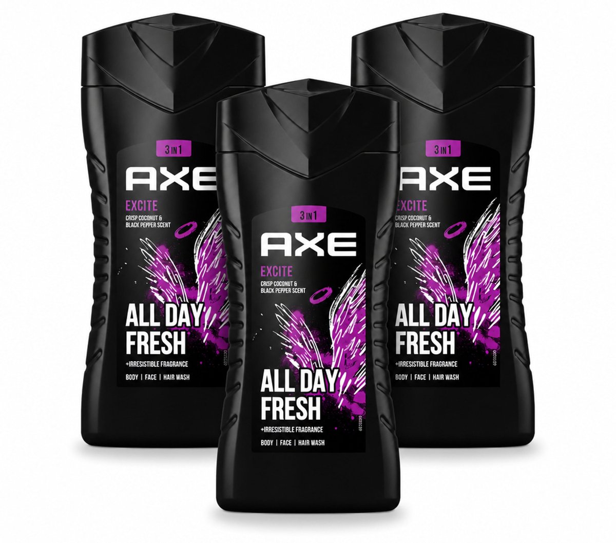 3 x AXE - 3-in-1 Douchegel - Excite - Lichaam, Gezicht & Haar - Verleidelijke Geur - 250 ml - Voordeelverpakking - 3 stuks