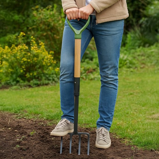 Kinzo Spitvork 4 Tanden - Tuinvork met Houten Steel - Riek voor Grondbewerking, Compost, Moestuin - Robuuste Woelvork - Tuingereedschap voor Spitten, Beluchten en Losmaken van Kinzo — afbeelding 4