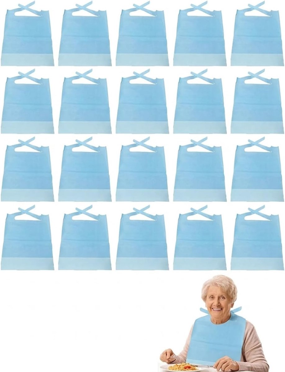 Slabbetjes voor volwassenen, 20 stuks, blauw, waterdicht, met zak om kruimels op te vangen voor ouderen en patiënten, lekbescherming bij het eten.