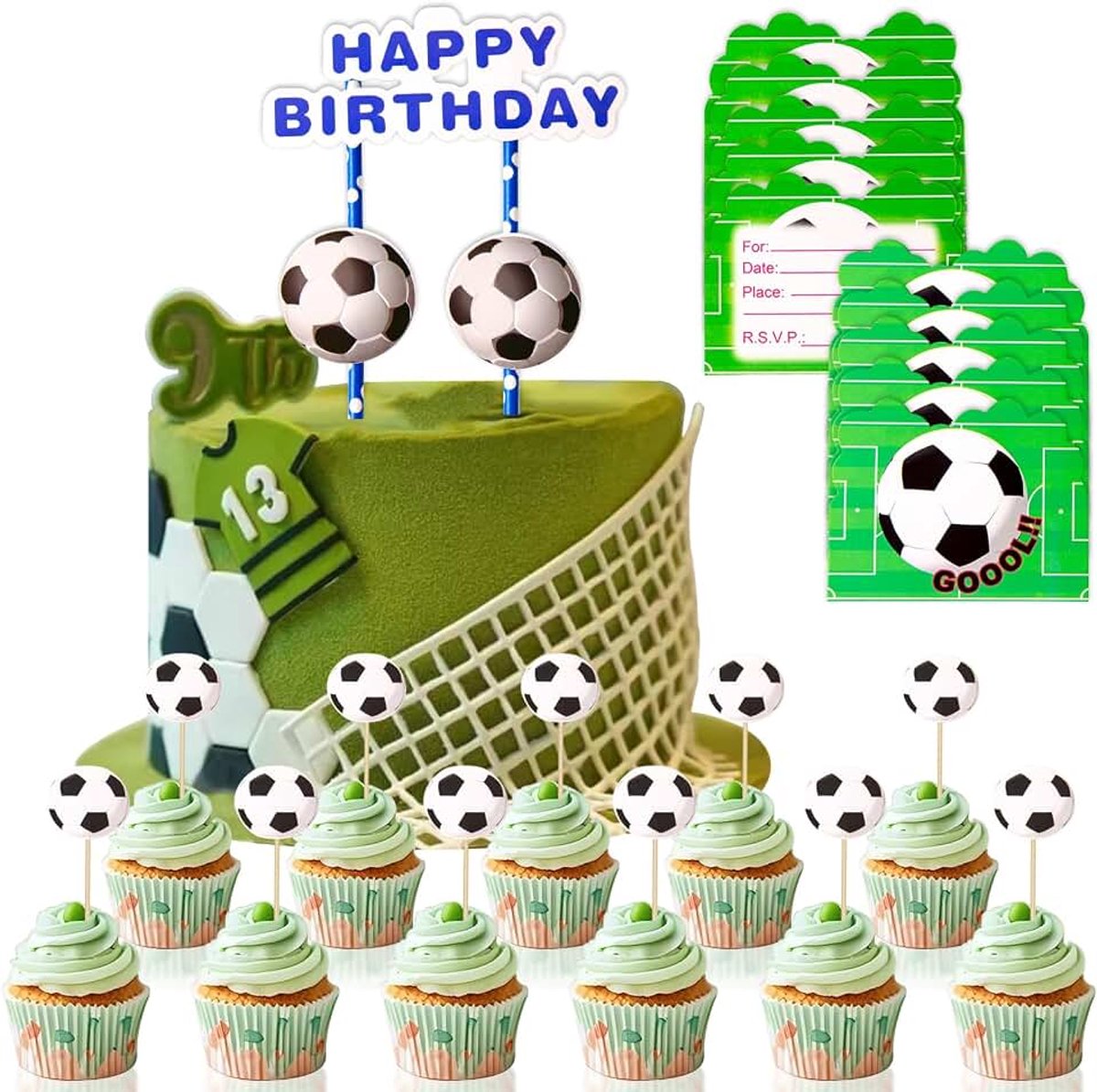 Voetbal, cupcake-taartdecoratie voetbal, voetbaltaartdecoratieset, taartdecoraties voor sportballen, voetbal, muffindecoratie voor jongens, verjaardag, themafeest (meerkleurig