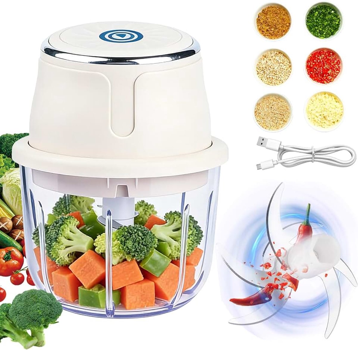 Mini-hakmolen, 350 ml, elektrische keukendriemmer, USB-oplaadbaar, draagbare hakmolen voor uien, fruit, noten, vlees, knoflook