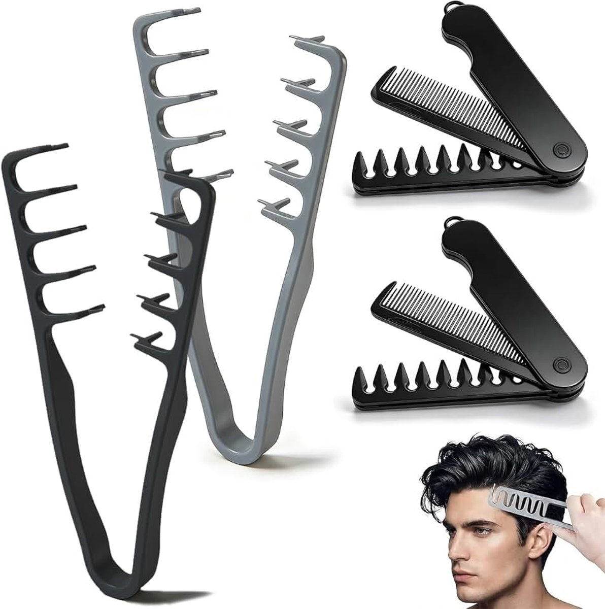 4 stuks krulkam voor mannen, 2-in-1 volume stylingkam met brede en fijne tanden, stylingkam met textuurkam voor mannen, krullenkam anti-kroes texturerend voor het liften van de haarwortels