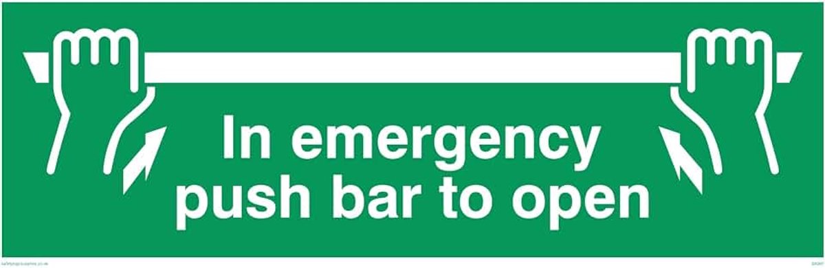 Signs SA397-L31-1M "In Emergency Push Bar To Open" Sign, 1 mm Semi-Rigid Kunststof, 100 mm H x 300 mm W