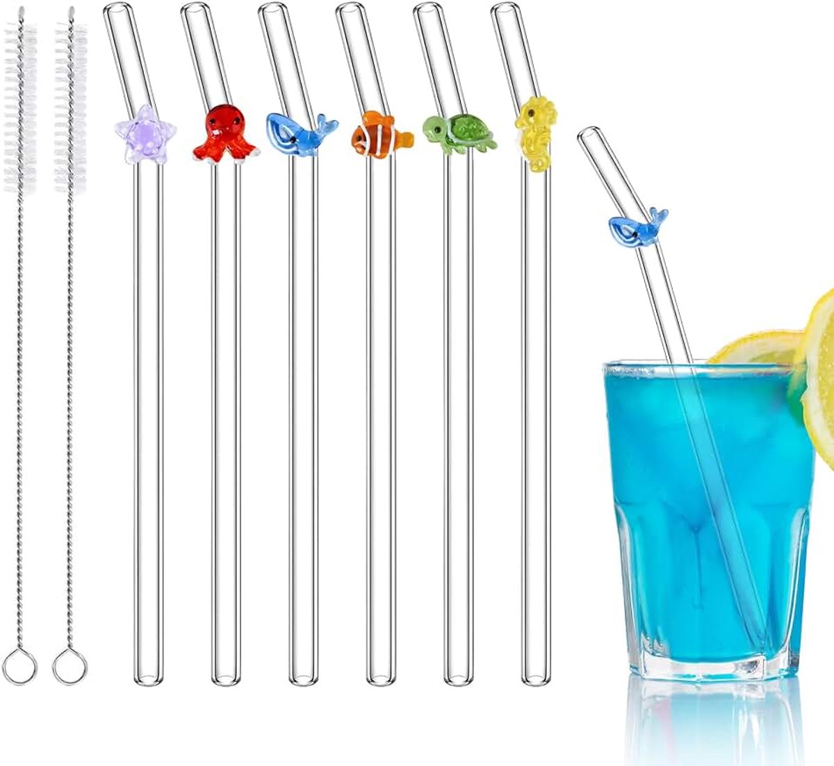 6 stuks schattige glazen rietjes, versplinteringsbestendig met 2 reinigingsborstels, kleurrijk herbruikbaar rietje voor feestdecoraties met oceaanthema, sap, zomerstrand, verjaardagsfeestje (zeedier)