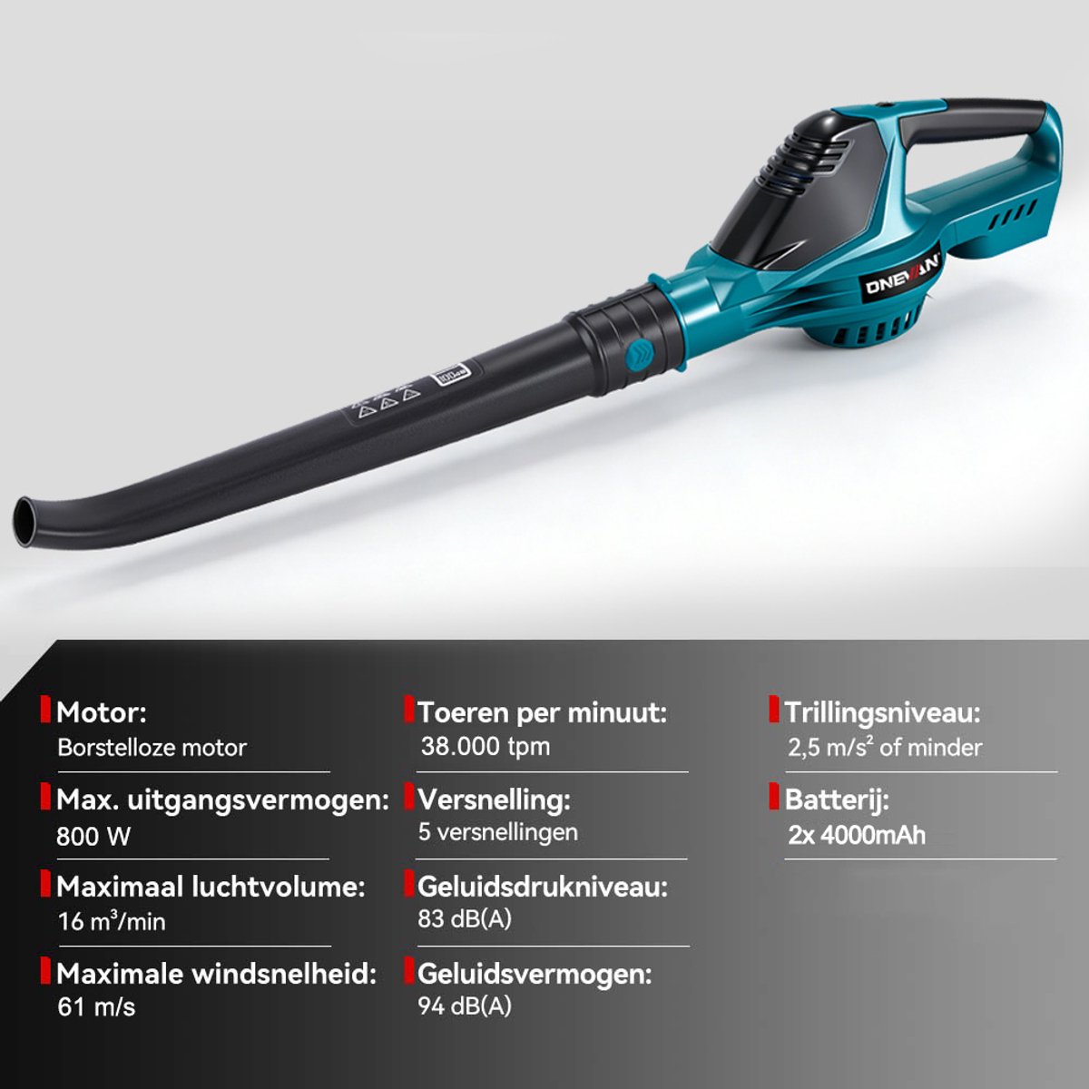ONEVAN Accu Bladblazer 21V - 220 km/u - Elektrische bladblazer - Borstelloze - met 5 versnellingen en 2 x 4.0Ah accu's - voor tuin, bladeren, stof en sneeuw – foto 3
