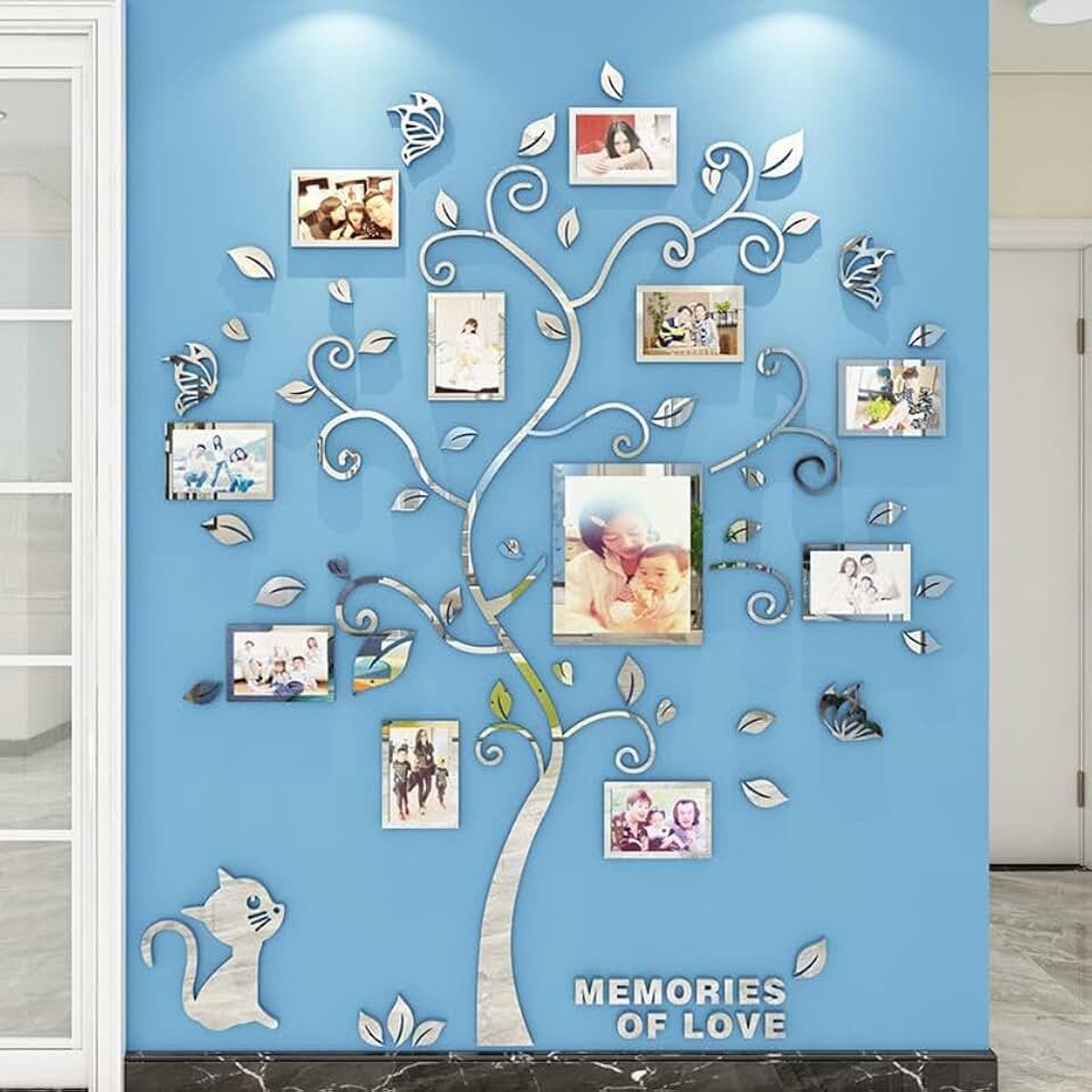 3D Muursticker, boom, doe-het-zelf, muursticker, family, foto, muursticker met fotolijst, muurdecoratie, decoratie, kinderkamer, woonkamer, jongens, meisjes, slaapkamer (spiegel zilver, S)