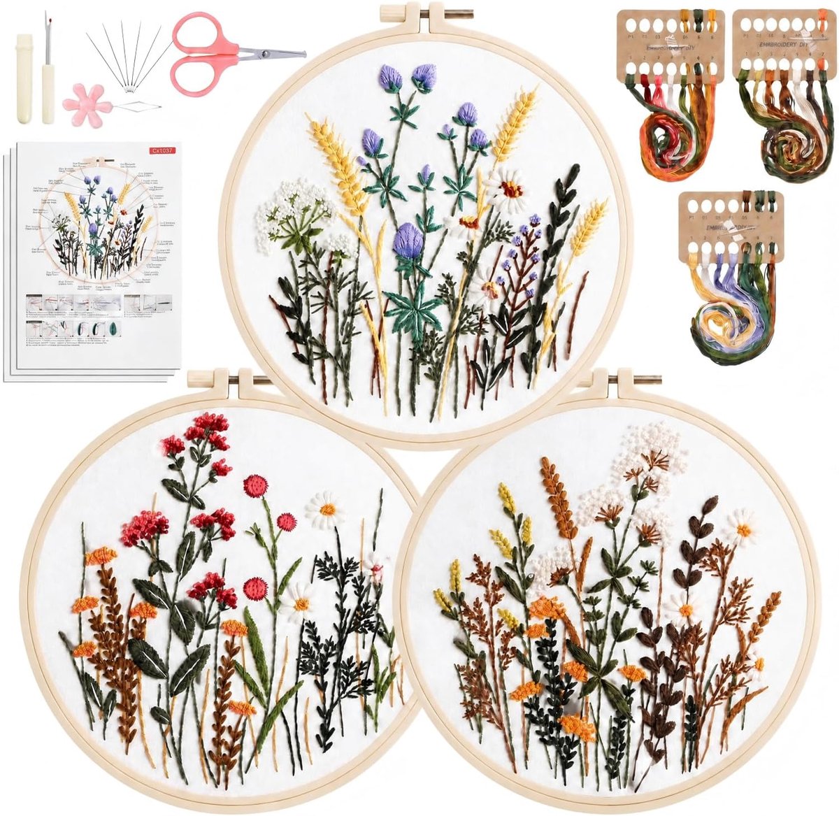 3-delige borduurset voor beginners, bloemenpatroon, borduurset voor volwassenen met 3 stuks kunststof borduurlijsten, handleiding en gereedschap voor doe-het-zelf kunst, handwerk, naaien