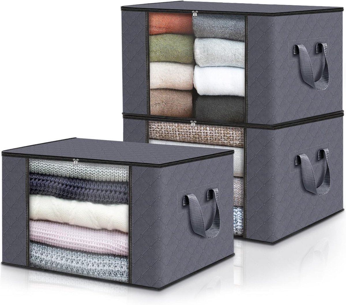 Opbergmand - 3-delige Set Kleding- en Kledingkast Organizer - Met Verstevigde Handvatten en Transparant Kijkvenster - Duurzaam Stof - Donkergrijs - 3 Stuks