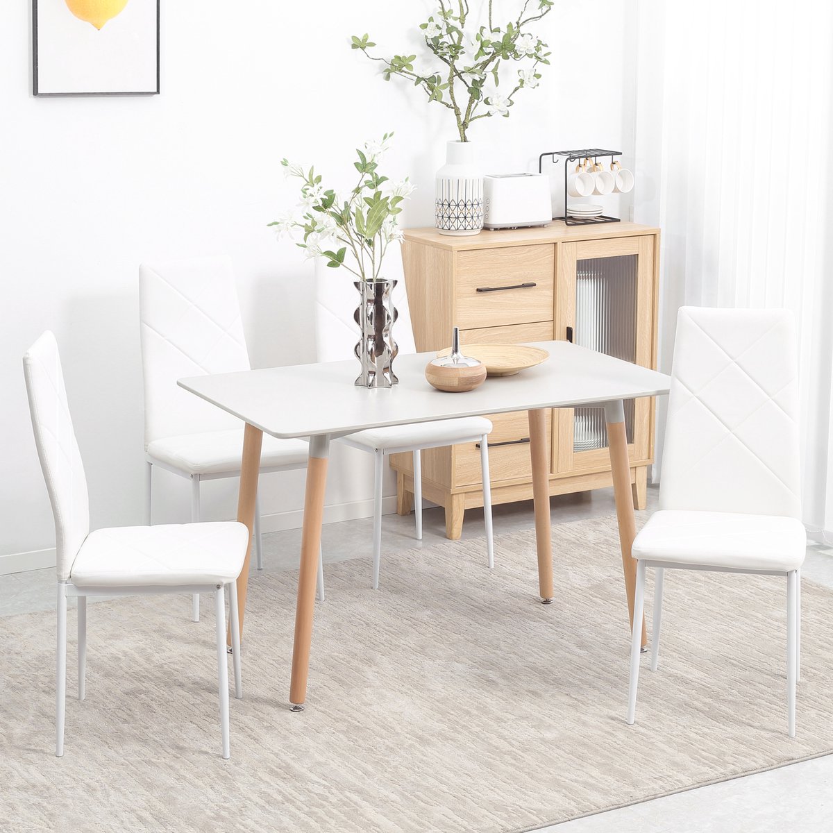 MODENUIT Eetkamerstoel 4-Delige Set - Hoge Rugleuning 97 Cm - Voor Eetkamer en Keuken - Kunstleer Wit