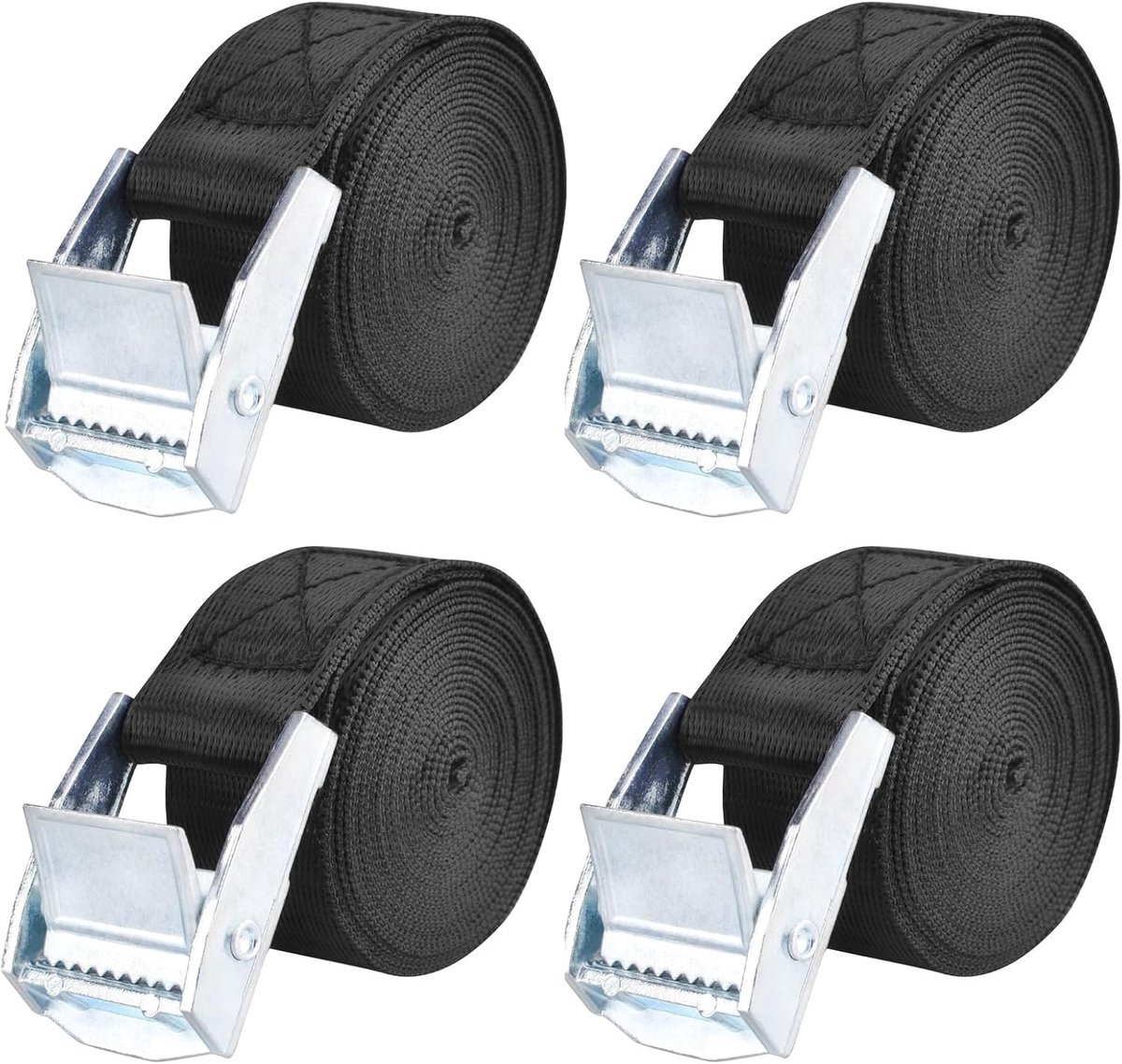 Verstelbare spanbanden van 25 mm breed, 200 kg draagvermogen, roestvrije bevestigingsriemen voor fietsen, motoren en bagage, 4 stuks van 2 meter in zilver en zwart