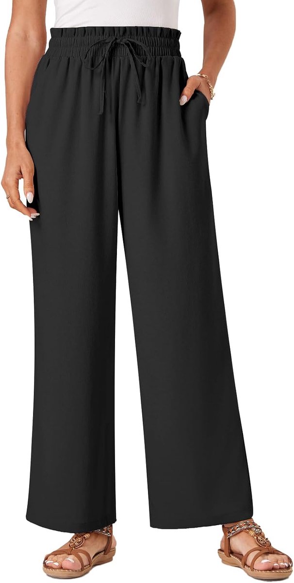 Damesbroek, casual, flowy brede pijpen, vrijetijdsbroek, hoge taille, trekkoord, Palazzo broek met zakken