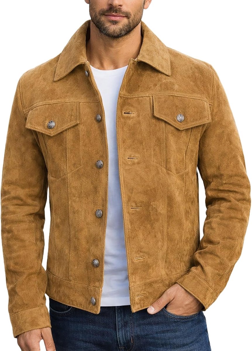 Heren bruin suède biker jack westerse cowboy stijl echt geit suède truckerjack
