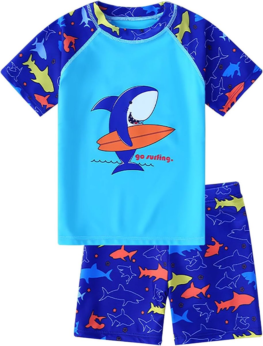 Blauw Zwemmen Kostuum Grote Kinderen Zwembroek Dinosaurussen Haai Tweedelig Badpak T-shirt Shorts Set