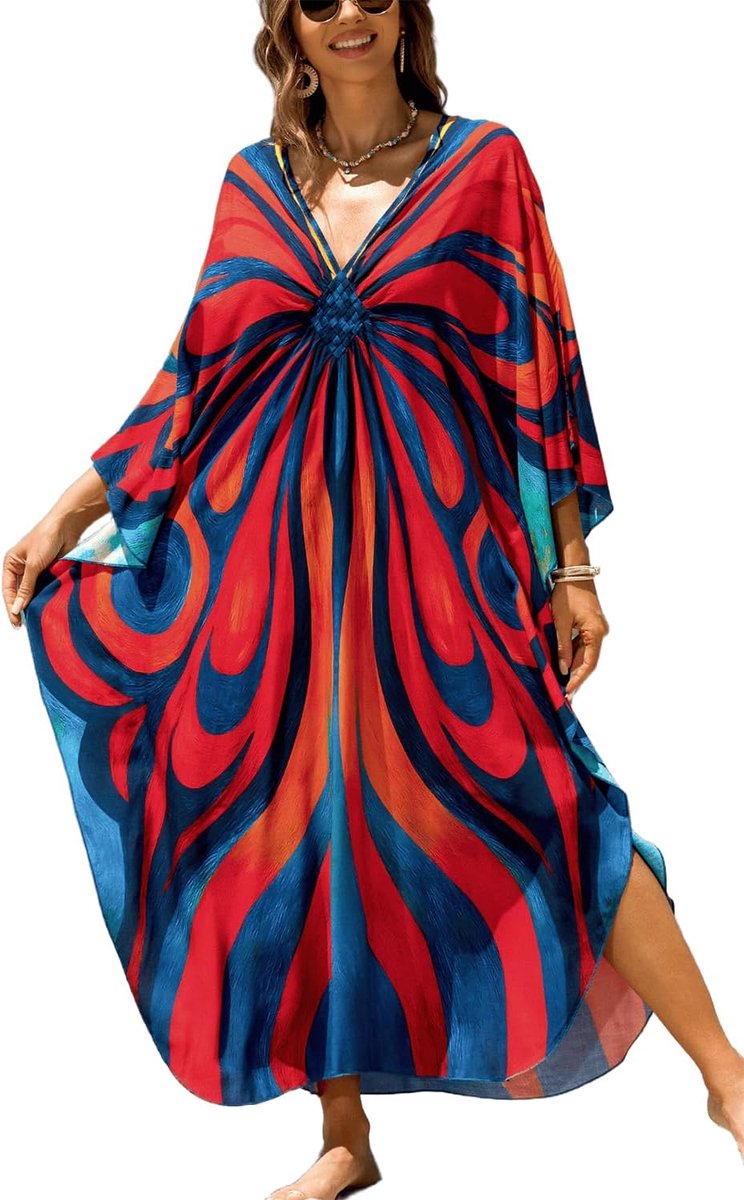 Kaftan voor dames met bloemenprint, lange jurk, strandjurk, pareo, cover-ups, eenheidsmaat, Rood print., Eén maat