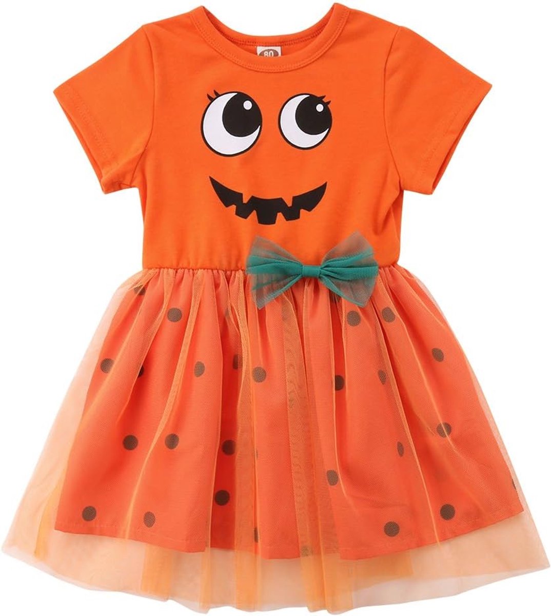 Halloween jurk van tule voor kinderen, baby, meisjes, korte mouwen, met vlinderdas in de taille, pompoen thema (6 m - 5 jaar), Oranje, 6-12 Maanden