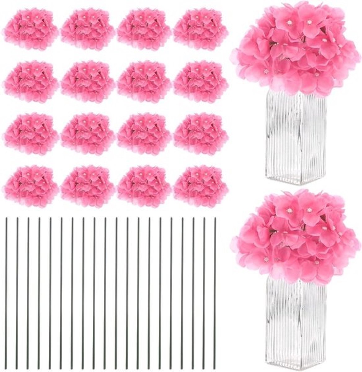 Set van 66 Zijde Hortensia Bloemen, Kunstmatige Volle Bloemkoppen met Stelen voor Thuisdecoratie, Bruiloften en Feestjes