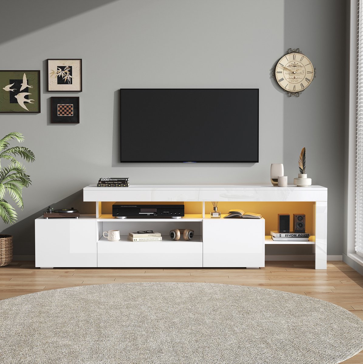 MEUNIQ TV-meubel 192 x 37 x 53 cm met 3 klepdeuren, open vakken, ledverlichting via app en USB, voor tv's tot 85 inch, wit hoogglans woonkamer